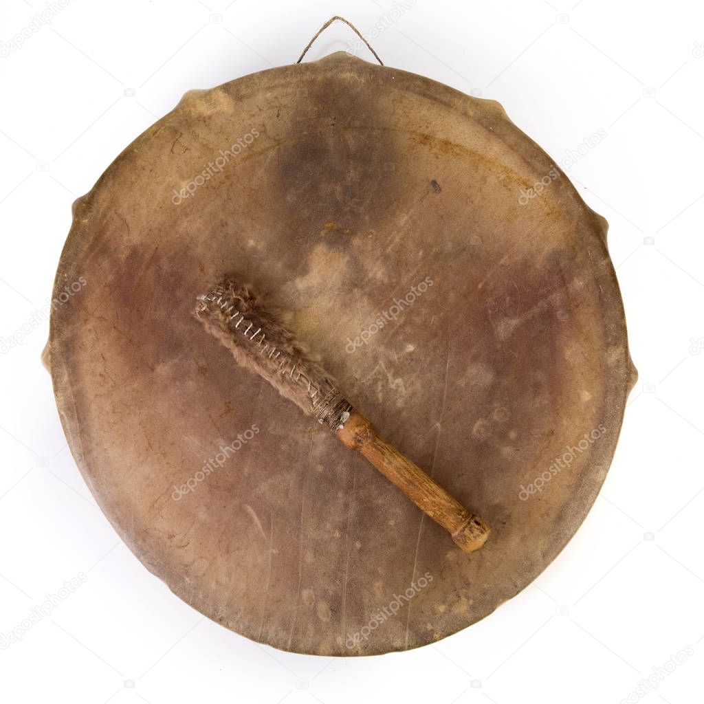 Beautiful copy of old vintage indian tambourine buben drum with drumstick