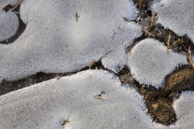 Güneş ışığında don kristalleri ile güzel beyaz buz yüzeyi