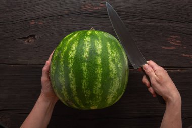 half, knife, fruit, cuts big, big watermelon, summer warm