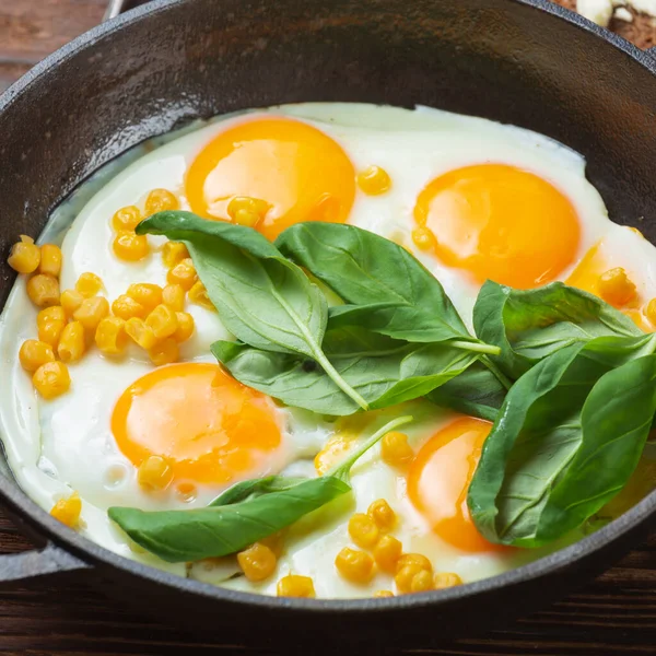 Fried eggs for breakfast close-up. Wooden table. Healthy eating