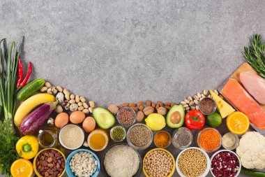 Dengeli diyet, çevre dostu çeşitli ürünler. Bağışıklık meyvelerini, sebzeleri, otları, baharatları, fındıkları, tahılları ve baklavaları, akıllı karbonhidratları, omega-3 'ü artıran besin kaynakları