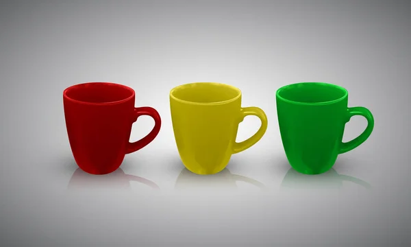 Set Kleur Porseleinen Cup Met Reflectie Schaduw Geïsoleerd Achtergrond Vectorillustratie — Stockvector