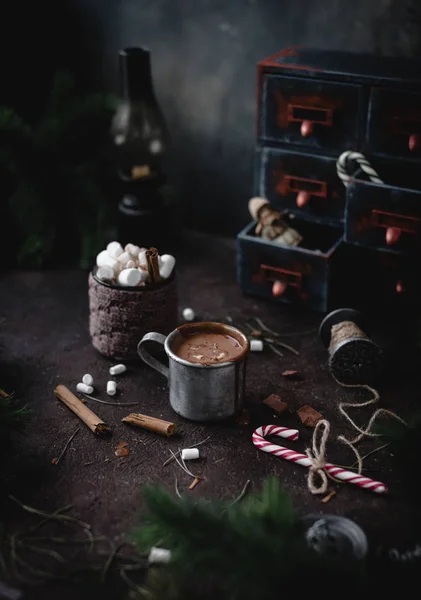 Close Hot Chocolate Marshmallows Wooden Table Christmas Decoration Fir Tree — Stock Photo, Image