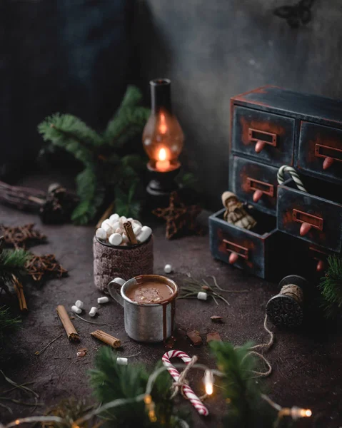 Yakın Çekim Sıcak Çikolata Marshmallow Noel Dekorasyonu Köknar Ağacı Dalları — Stok fotoğraf