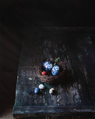 Mavi Paskalya yumurta kuş rustik ahşap arka plan üzerinde yuva Close-Up 