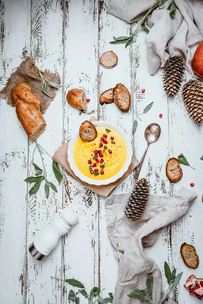 Pumpkin Cream Soup Toasted Bread Pomegranate Seeds Spices Shabby White — Stock Photo, Image