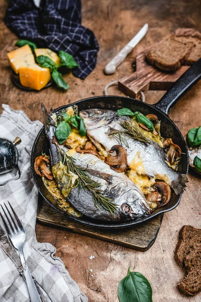 Baked Fish Mushrooms Cheese Pan Dinner Concept — Stock Photo, Image