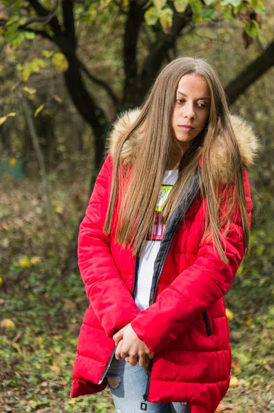 Mujer joven sola en un bosque con abrigo rojo —  Fotos de Stock