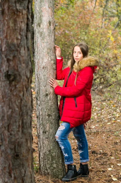 빨간 외 투를 입고 숲에 혼자 젊은 여자 — 스톡 사진