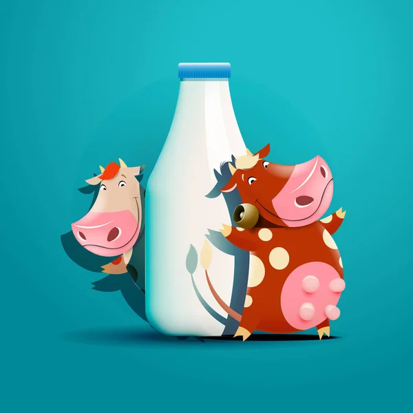Deux vaches debout près de la bouteille de lait — Image vectorielle