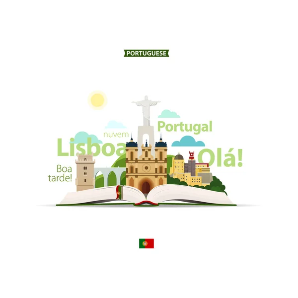 Aprender português. Ilustração com a imagem de um livro aberto, estátua, castelo, montanhas, outros pontos turísticos e palavras portuguesas. Tradução: "obrigado, olá, nuvem, Lisboa ". — Vetor de Stock