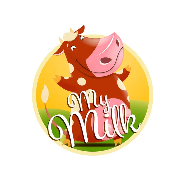 Etiqueta vectorial de leche con vaca marrón divertida — Vector de stock