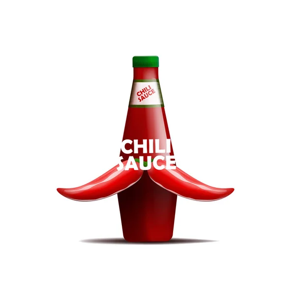 Realictic vector illustration of bottle of chili sauce with a mustache of chili peppers. Isolated on white background. — Stock Vector