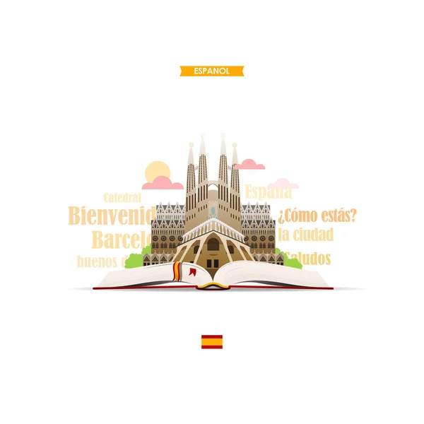 İspanyolca öğrenme. Görüntü illüstrasyon açık bir kitap, Katedrali ve İspanyolca kelimeler ve ifadeler. — Stok Vektör