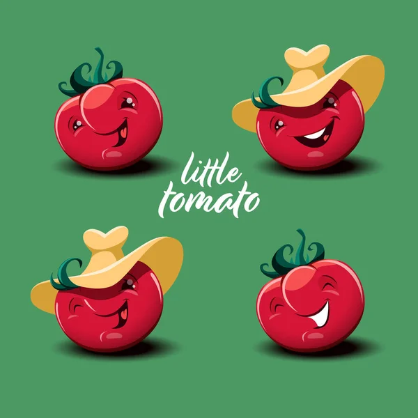 표정이 웃기게 생긴 귀여운 무당벌레 토마토 세트. — 스톡 벡터
