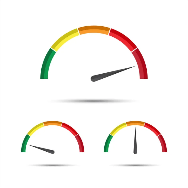 Eenvoudige vector toerenteller met indicator in groene, gele en rode deel set — Stockvector