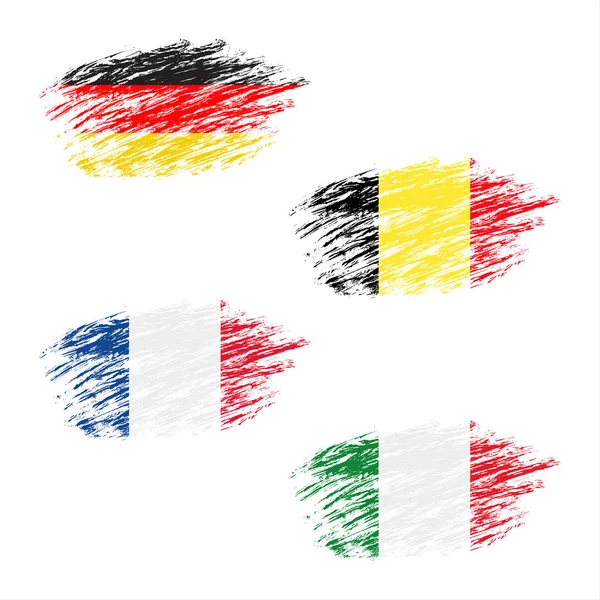 De Belgische, Duitse, Franse en Italiaanse vlag in apperance strepen, set grunge vlaggen, vector illustratie — Stockvector