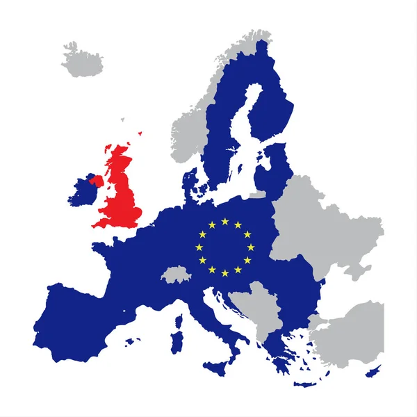Mappa dell'Europa con i membri dell'Unione Europea e la Gran Bretagna rossa — Vettoriale Stock