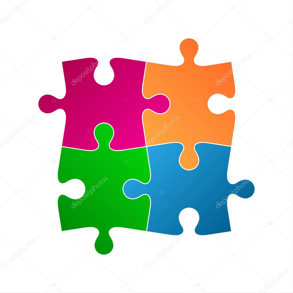 Four colored puzzle pieces, abstract symbol icon isolated on a white background
