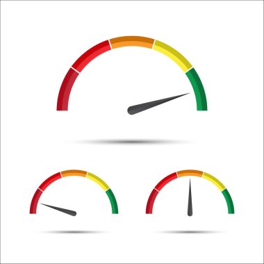 Yeşil, sarı ve kırmızı bölümünde göstergeli basit vektör takometreler kümesi