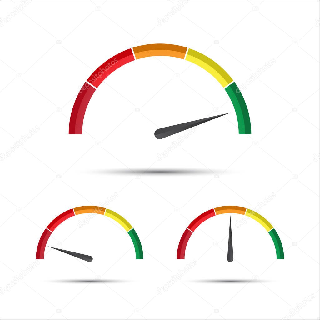 Set of simple vector tachometers with indicator in green, yellow and red part
