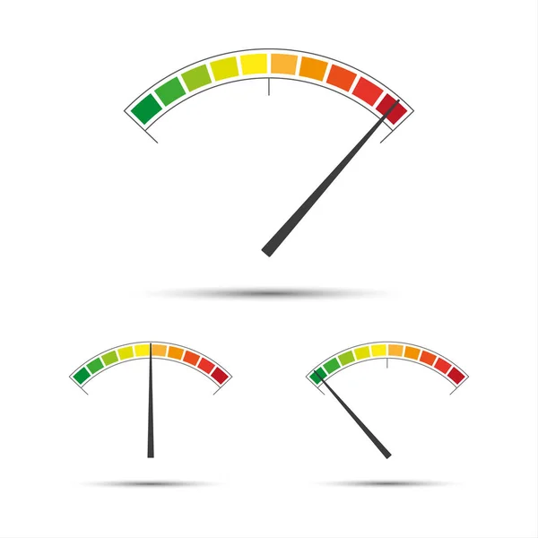 Σύνολο απλό διάνυσμα στροφόμετρα με δείκτες σε κόκκινο, κίτρινο και πράσινο μέρος — Διανυσματικό Αρχείο