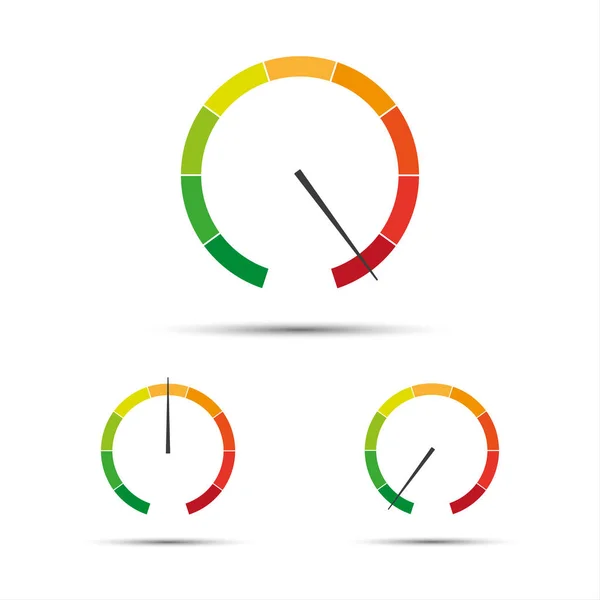Набір простих векторних тахометрів з індикаторами в червоній, жовтій і зеленій частині — стоковий вектор