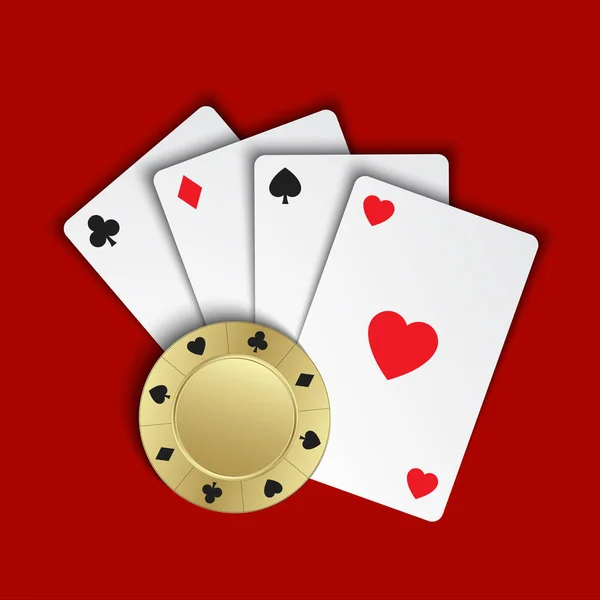 Conjunto de cartas de jogo simples com fichas de casino no fundo vermelho — Vetor de Stock