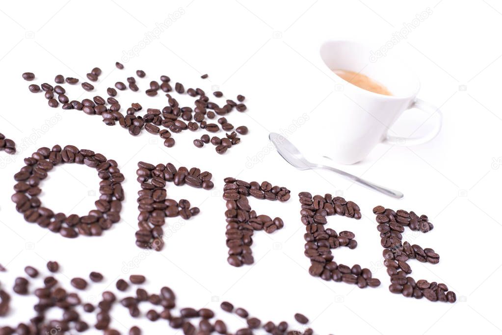 Coffee background, inscription of roasted coffee beans, cup of coffee
