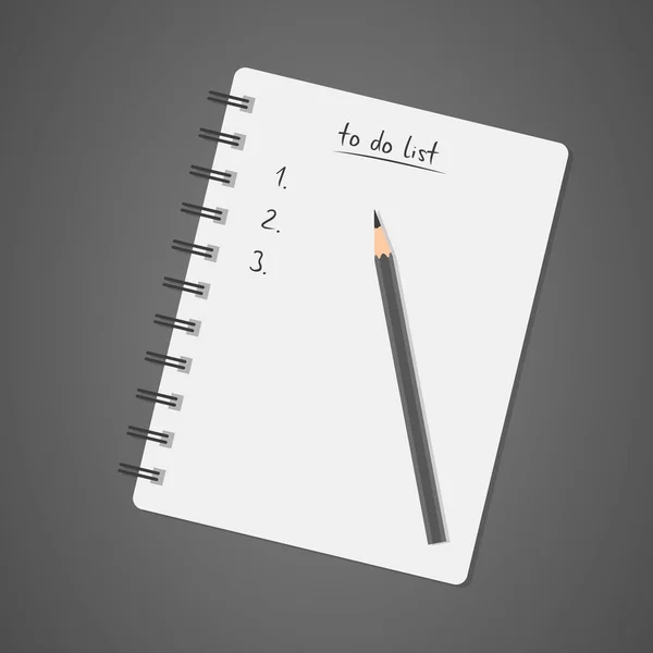 Pour faire la liste, bloc-notes blanc avec crayon, journal, check-list, tâche — Image vectorielle