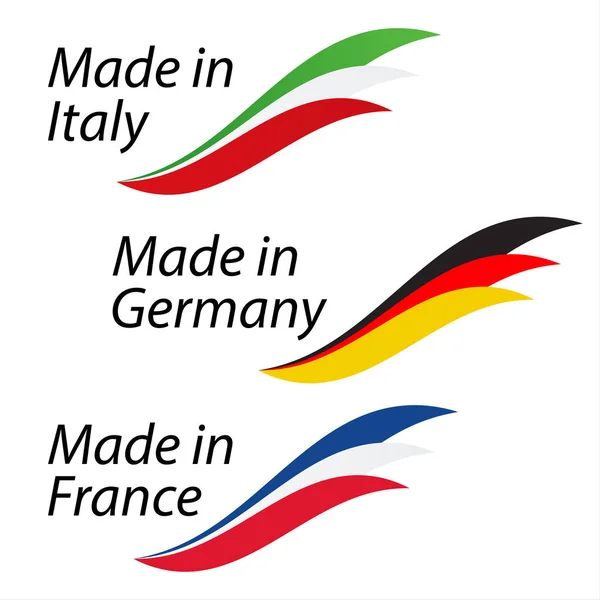 Простые логотипы Made in Italy, Made in Germany and Made in France, векторные логотипы с итальянскими, немецкими и французскими флагами — стоковый вектор