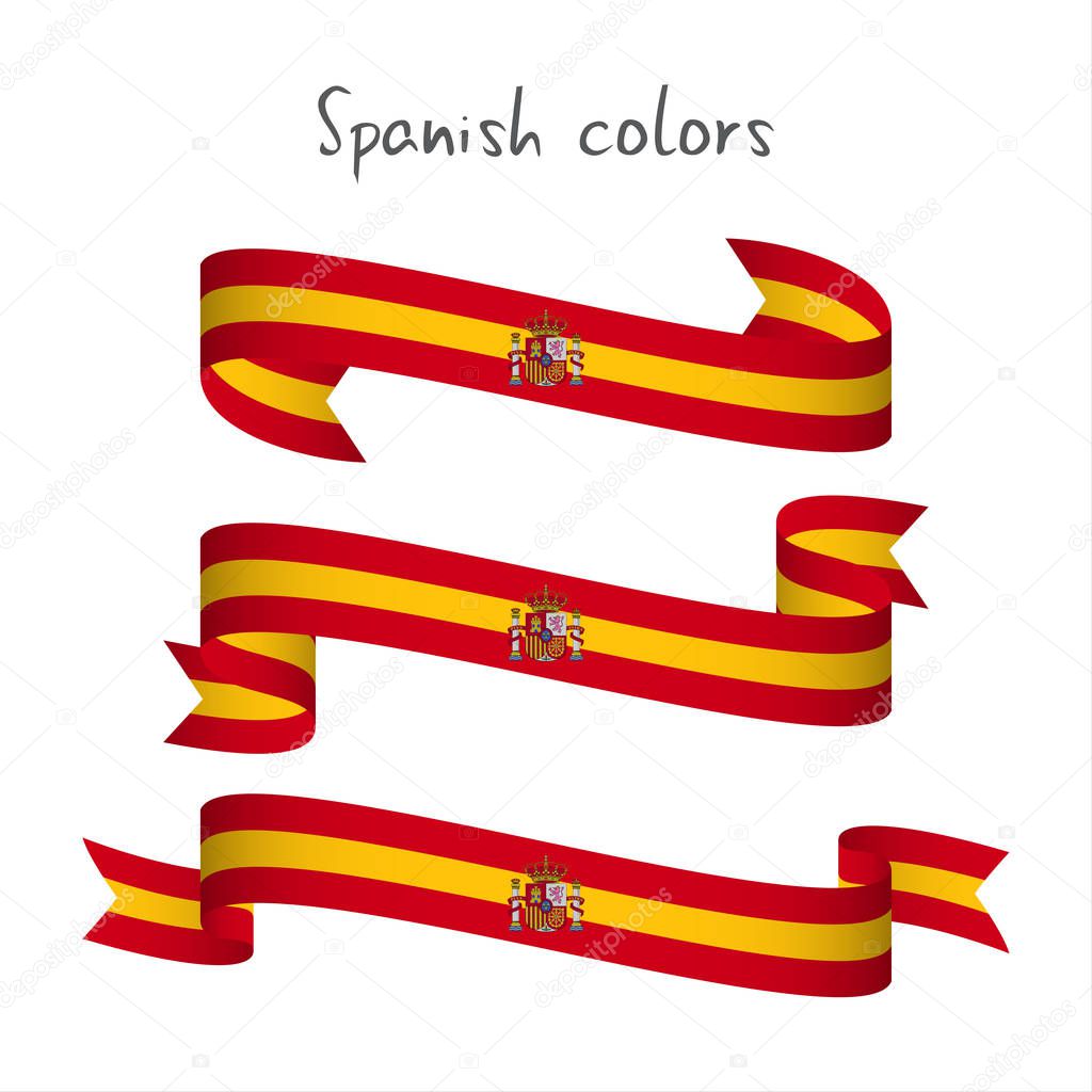 Set of three modern colored vector ribbon with the Spanish colors isolated on white background, abstract Spanish flag, Made in Spain logo