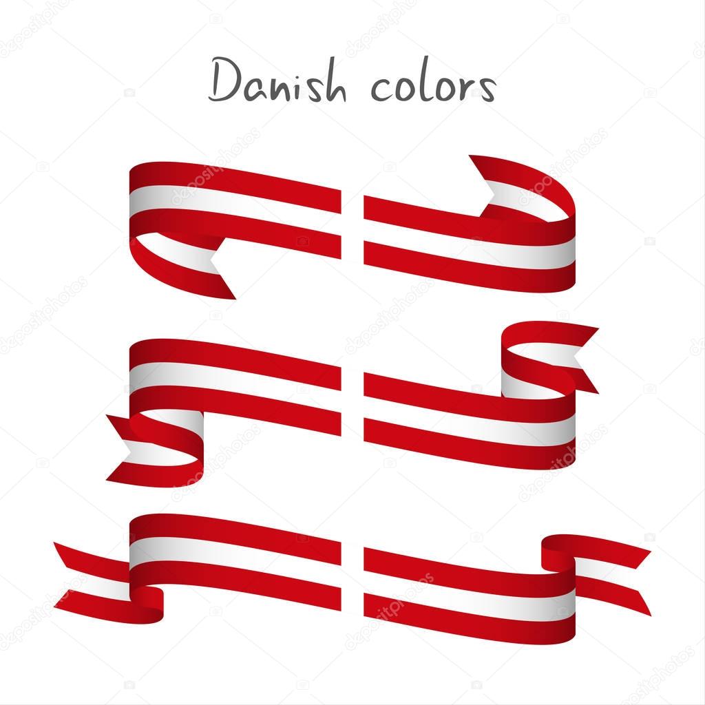 Set of three modern colored vector ribbon with the Danish colors isolated on white background, abstract Danish flag, Made in Denmark logo