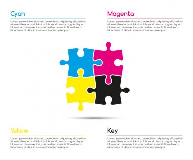Cmyk renk, İş Projesi, vektör çizim için dört puzzle parçaları ile minimalist Infographic şablonu