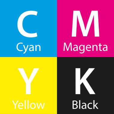 Renk adını, camgöbeği, macenta, sarı ve siyah renkli arka plan ile basit vektör cmyk renk örnek