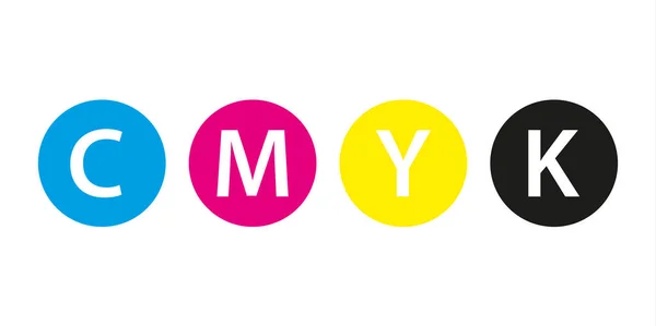 Concepto de impresión Cmyk, cuatro círculos en colores cmyk, cian, magenta, amarillo, clave, negro aislado sobre fondo blanco — Vector de stock