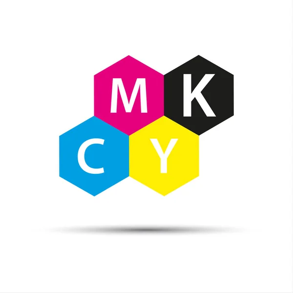Logotipo abstracto del vector, cuatro hexágonos en colores cmyk aislados sobre fondo blanco — Vector de stock