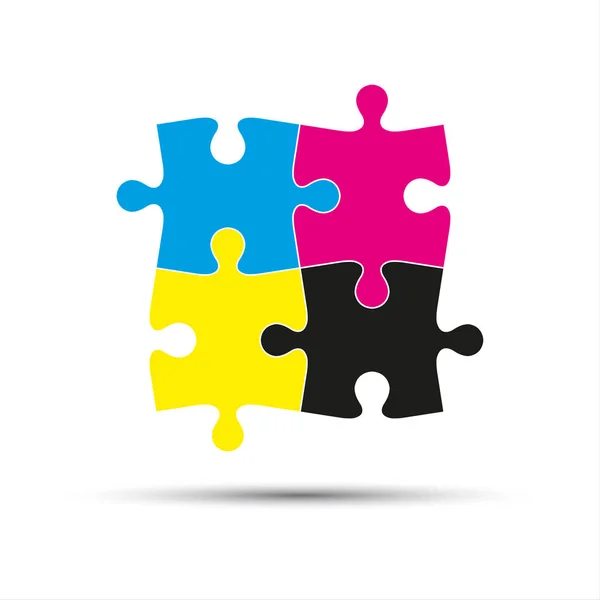 Logo astratto vettoriale, quattro pezzi puzzle in colori cmyk isolati su sfondo bianco — Vettoriale Stock
