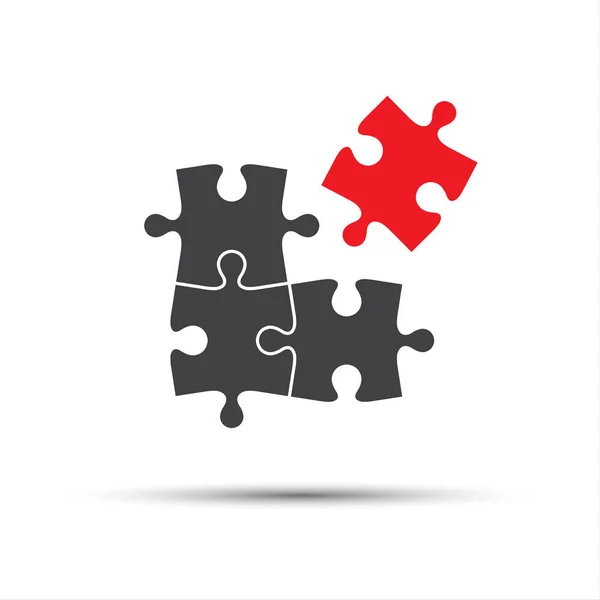 Vier Puzzleteile, ein rotes und drei graues, abstraktes Symbolsymbol — Stockvektor