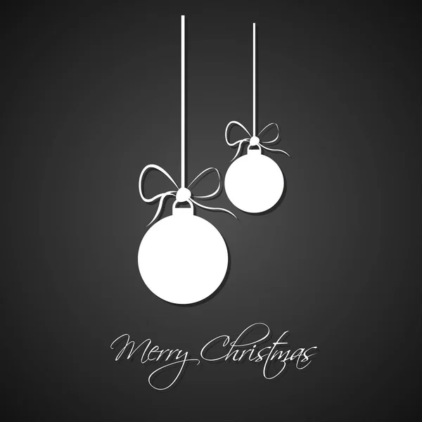 Bolas de Navidad blancas simples con lazo sobre fondo negro, tarjeta de felicitación de vacaciones — Archivo Imágenes Vectoriales