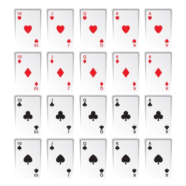 Royal Flush beyaz arka plan, kalp, kulüpleri, karo, maça, casino iskambil izole kümesi