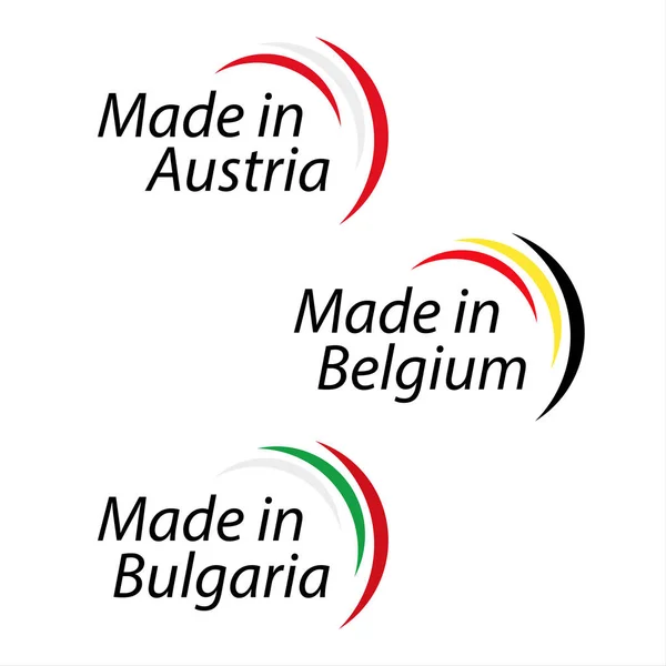 Logos simples Made in Austria, Made in Belgium y Made in Bulgaria, logos vectoriales con colores austriacos, belgas y búlgaros — Vector de stock