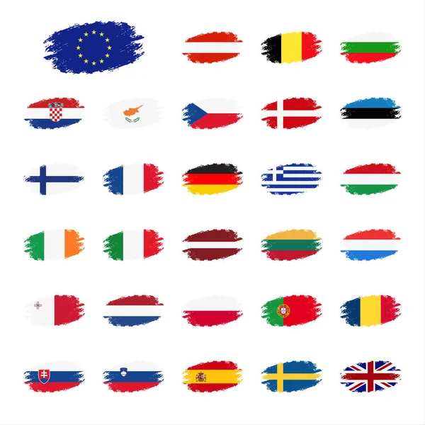 Conjunto de banderas de los países de la Unión Europea, bandera en rayas de apperance, establecer banderas grunge, ilustraciones vectoriales aisladas sobre fondo blanco — Vector de stock