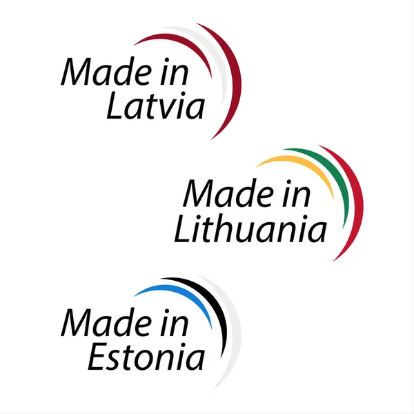 Logos simples Fabriqué en Lettonie, Fabriqué en Lituanie et Fabriqué en Estonie, logos vectoriels aux couleurs lettone, lituanienne et estonienne — Image vectorielle