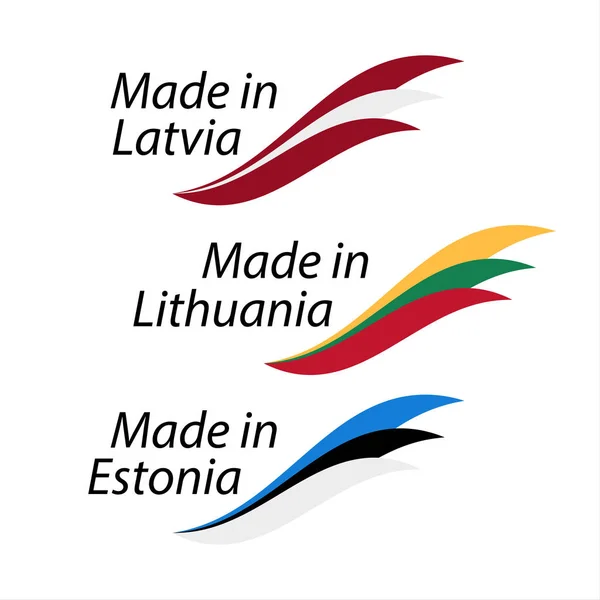 Простий логотипи зроблено в Латвії, зроблено в Литві та зроблено в Естонії, векторні логотипи з латиською, литовською та Естонська прапори — стоковий вектор