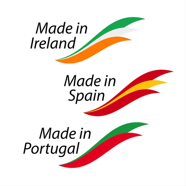 Proste logo wykonane w Irlandii, Made in Spain, Made in Portugal, wektor logo z flagami irlandzki, hiszpański i portugalski — Wektor stockowy