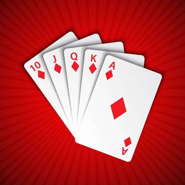 Een royal flush van diamanten op rode achtergrond, winnende handen van pokerkaarten, casino speelkaarten — Stockvector