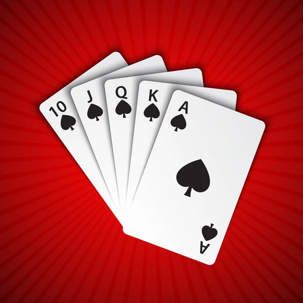 Un rubor real de espadas sobre fondo rojo, ganar manos de cartas de póquer, casino jugando a las cartas — Vector de stock