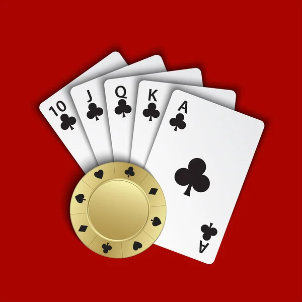 Um royal flush de clubes com chip de poker de ouro em fundo vermelho, mãos vencedoras de cartas de poker, cartas de casino e chip — Vetor de Stock