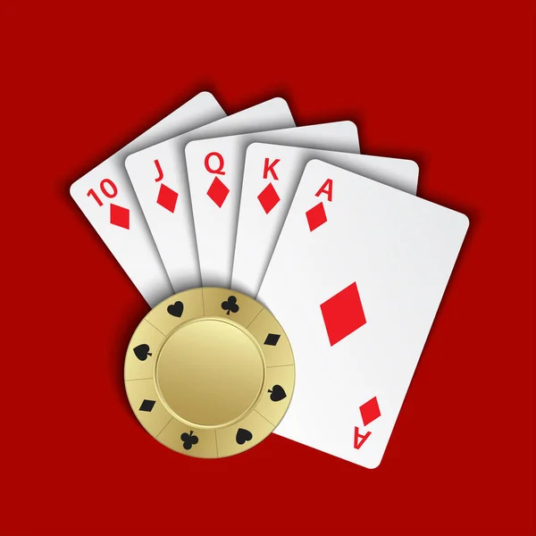 Um royal flush de diamantes com chip de poker de ouro em fundo vermelho, mãos vencedoras de cartas de poker, cartas de casino e chip — Vetor de Stock